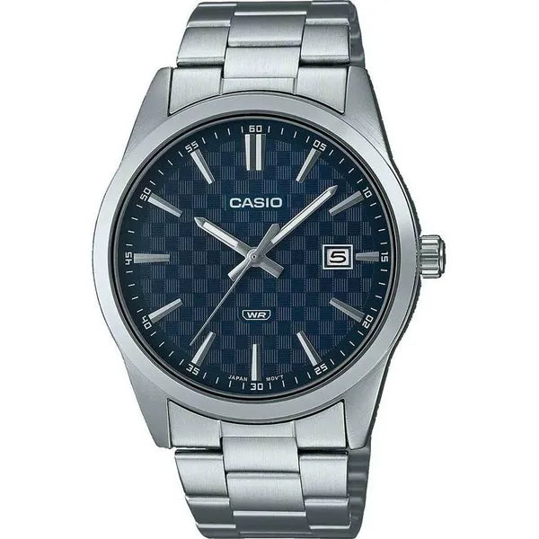 Casio MTP-VD03D-2A férfi kvarc karóra, acél, kék számlap, WR50, dátum, díszdoboz
