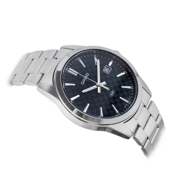 Casio MTP-VD03D-2A férfi kvarc karóra, acél, kék számlap, WR50, dátum, díszdoboz