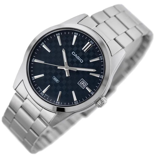 Casio MTP-VD03D-2A férfi kvarc karóra, acél, kék számlap, WR50, dátum, díszdoboz