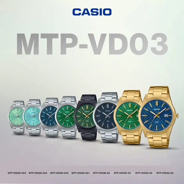 Casio MTP-VD03D-2A férfi kvarc karóra, acél, kék számlap, WR50, dátum, díszdoboz