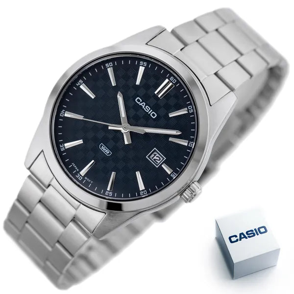 Casio MTP-VD03D-2A férfi kvarc karóra, acél, kék számlap, WR50, dátum, díszdoboz