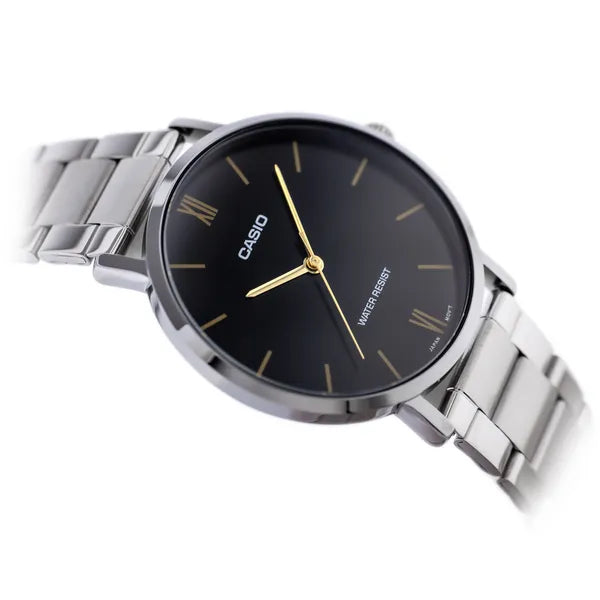 Casio MTP-VT01D-1B férfi karóra, fekete számlap, acél szíj, 40 mm, WR30