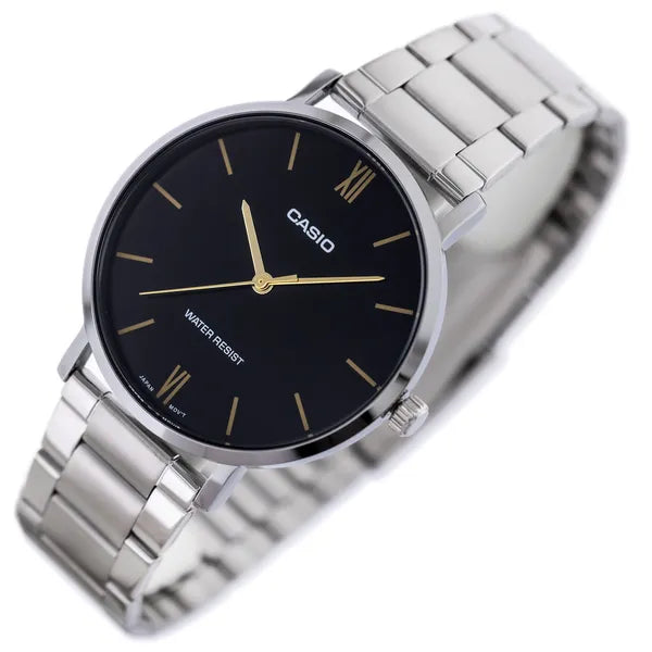 Casio MTP-VT01D-1B férfi karóra, fekete számlap, acél szíj, 40 mm, WR30