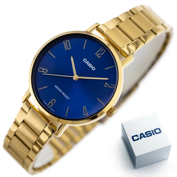 Casio MTP-VT01G-2B2 férfi karóra, arany acél, kék számlap, 40 mm, WR30