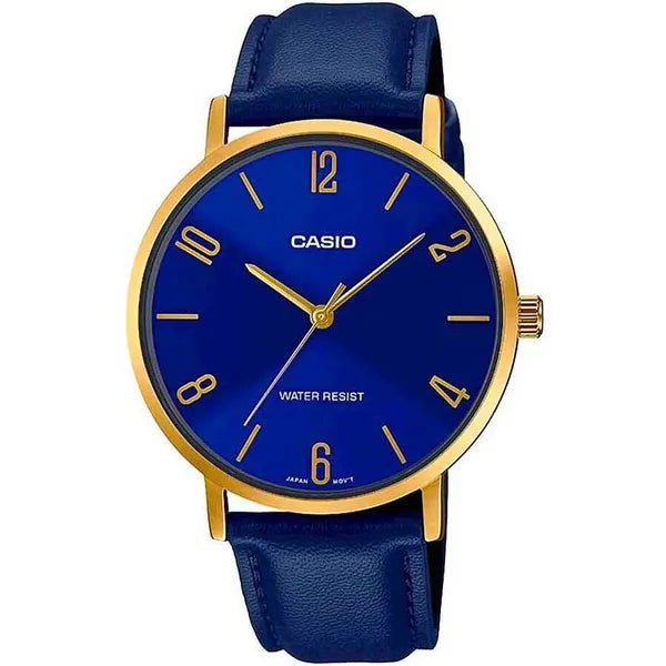 Casio férfi karóra MTP-VT01GL-2B2, 40 mm, kék számlap, arany tok, bőrszíj, WR30