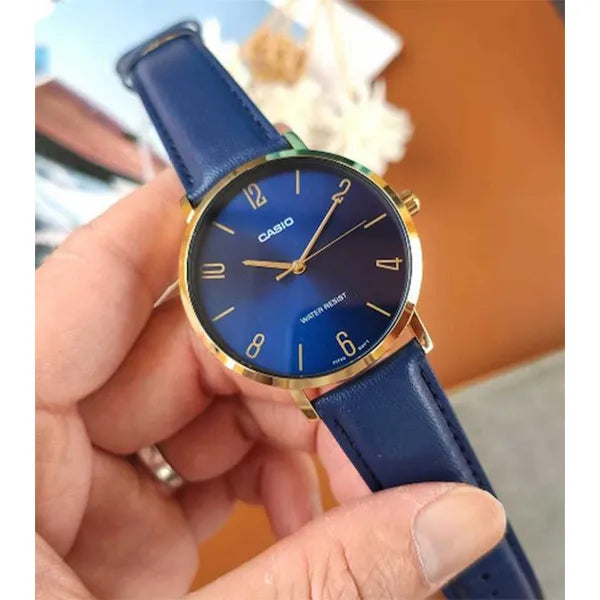 Casio férfi karóra MTP-VT01GL-2B2, 40 mm, kék számlap, arany tok, bőrszíj, WR30