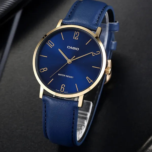 Casio férfi karóra MTP-VT01GL-2B2, 40 mm, kék számlap, arany tok, bőrszíj, WR30