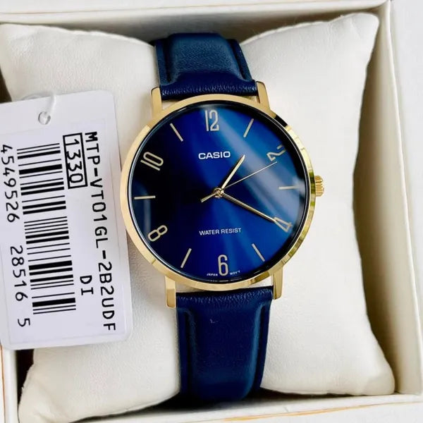 Casio férfi karóra MTP-VT01GL-2B2, 40 mm, kék számlap, arany tok, bőrszíj, WR30