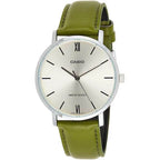 Casio MTP-VT01L-3B férfi karóra, zöld bőrszíj, ezüst tok, WR30, 40 mm
