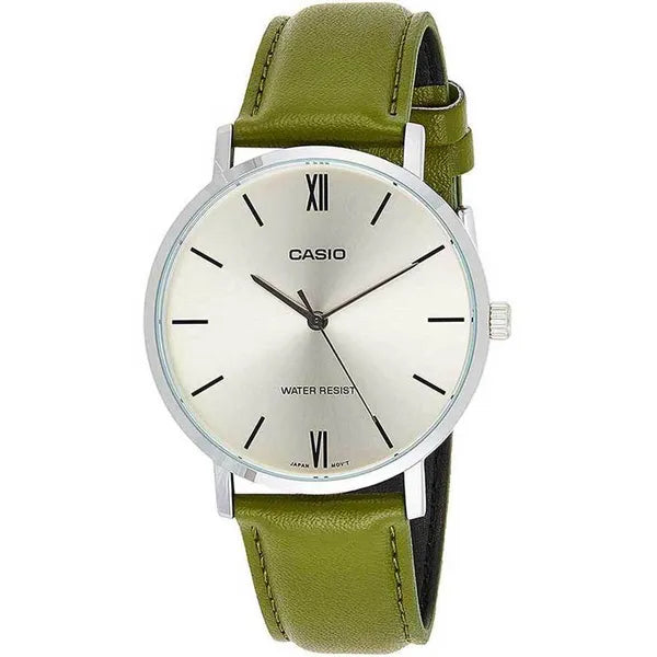 Casio MTP-VT01L-3B férfi karóra, zöld bőrszíj, ezüst tok, WR30, 40 mm