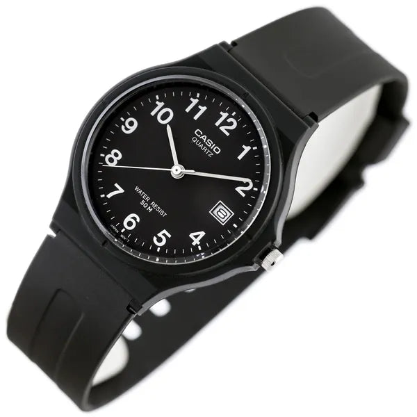 Casio MW-59-1B férfi karóra, fekete, műanyag szíj, WR50, dátum, díszdoboz
