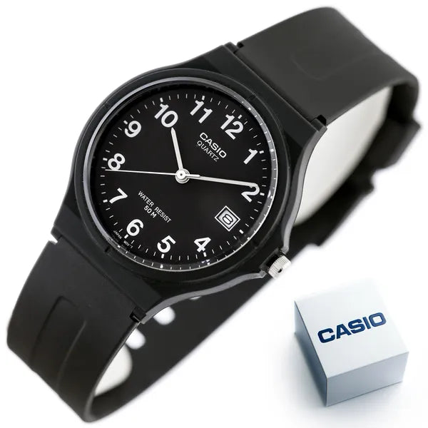 Casio MW-59-1B férfi karóra, fekete, műanyag szíj, WR50, dátum, díszdoboz