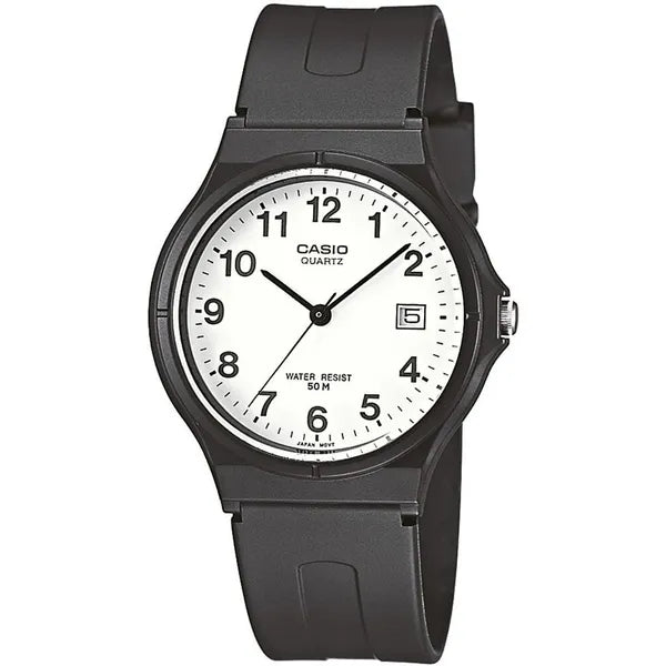 Uniszex Casio MW-59-7B karóra, WR50, dátum, fekete szíj, díszdobozzal