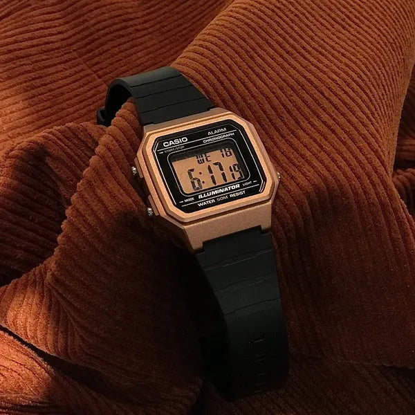 Casio W-217HM-5A uniszex digitális óra, WR50, fekete szíj, rózsaszín tok