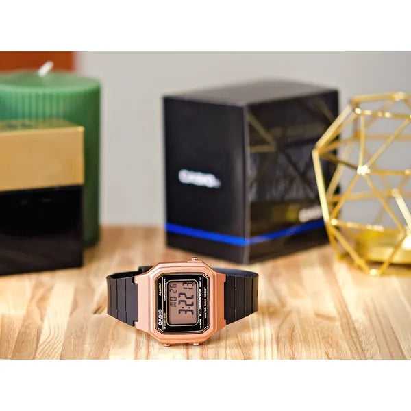 Casio W-217HM-5A uniszex digitális óra, WR50, fekete szíj, rózsaszín tok