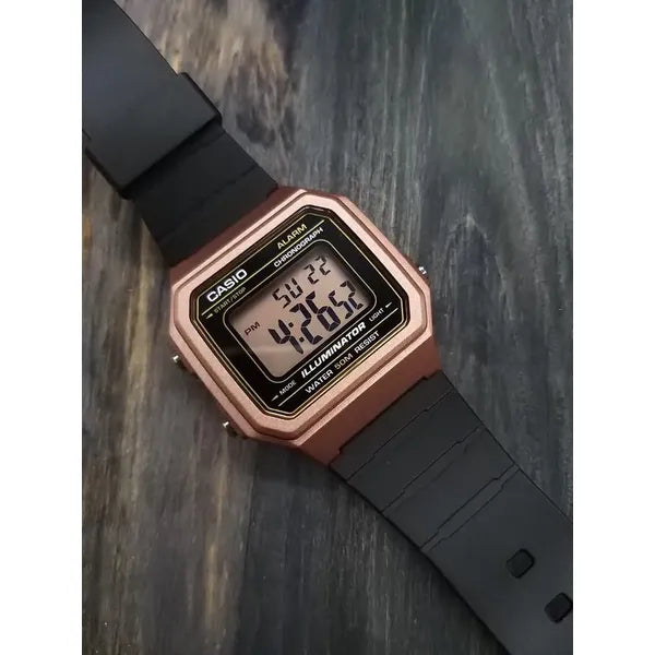 Casio W-217HM-5A uniszex digitális óra, WR50, fekete szíj, rózsaszín tok