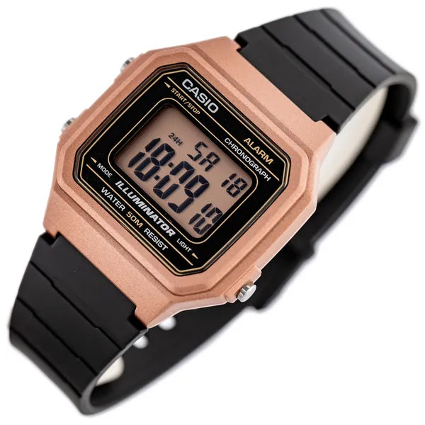 Casio W-217HM-5A uniszex digitális óra, WR50, fekete szíj, rózsaszín tok