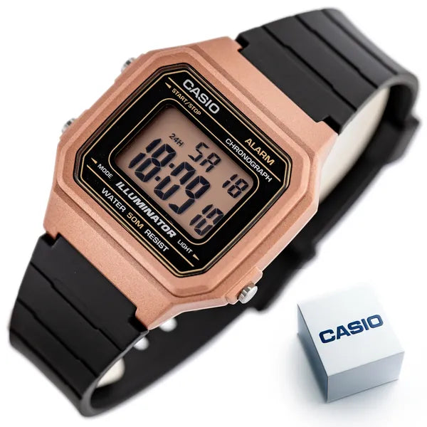 Casio W-217HM-5A uniszex digitális óra, WR50, fekete szíj, rózsaszín tok