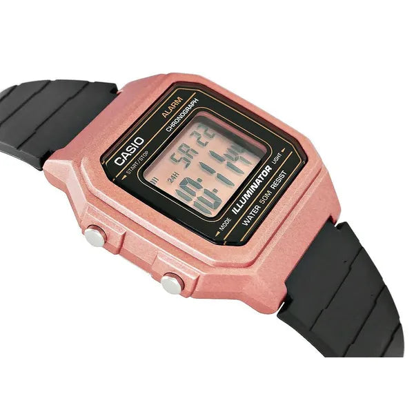Casio W-217HM-5A uniszex digitális óra, WR50, fekete szíj, rózsaszín tok