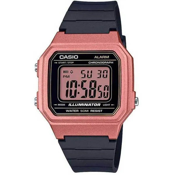 Casio W-217HM-5A uniszex digitális óra, WR50, fekete szíj, rózsaszín tok