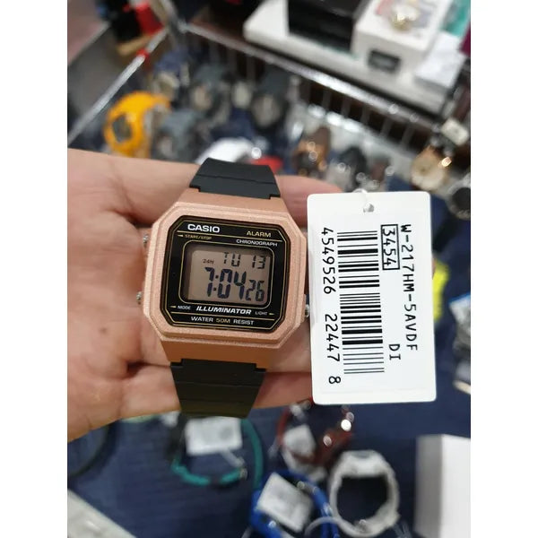 Casio W-217HM-5A uniszex digitális óra, WR50, fekete szíj, rózsaszín tok