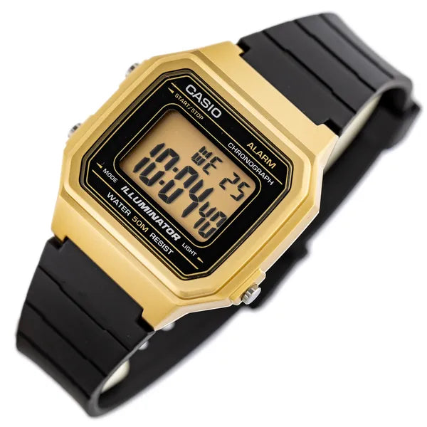 Casio W-217HM-9A uniszex digitális karóra, arany tok, fekete szíj, WR50, doboz