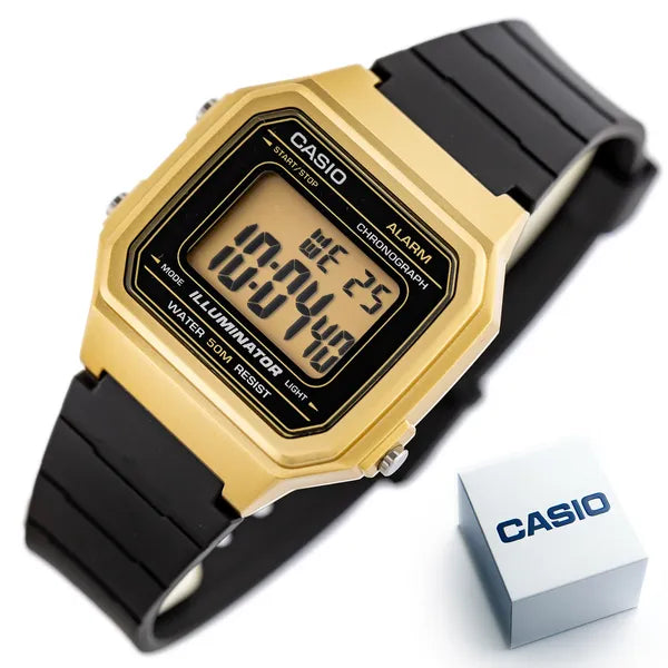 Casio W-217HM-9A uniszex digitális karóra, arany tok, fekete szíj, WR50, doboz