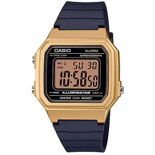 Casio W-217HM-9A uniszex digitális karóra, arany tok, fekete szíj, WR50, doboz