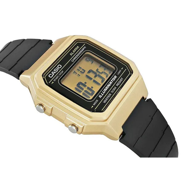 Casio W-217HM-9A uniszex digitális karóra, arany tok, fekete szíj, WR50, doboz