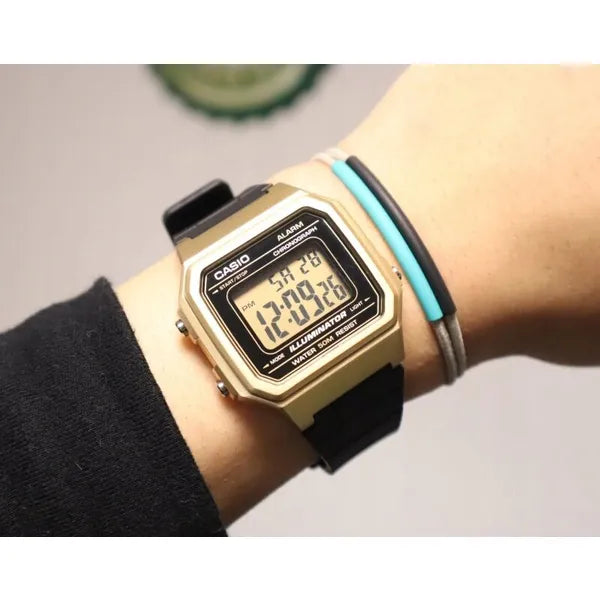 Casio W-217HM-9A uniszex digitális karóra, arany tok, fekete szíj, WR50, doboz