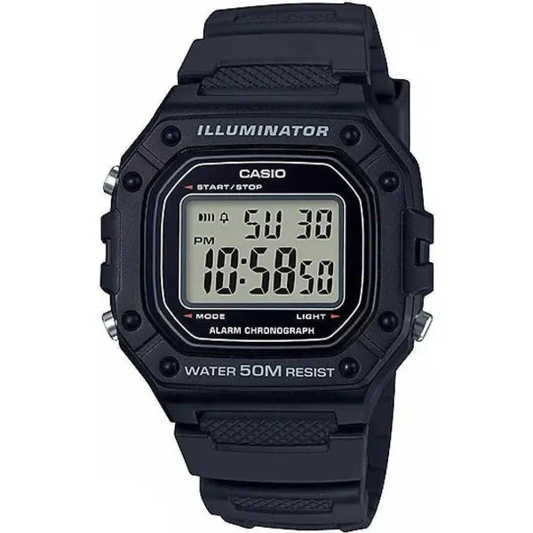 Casio W-218H-1A férfi digitális karóra, WR50, kvarc, LED, fekete, díszdobozzal