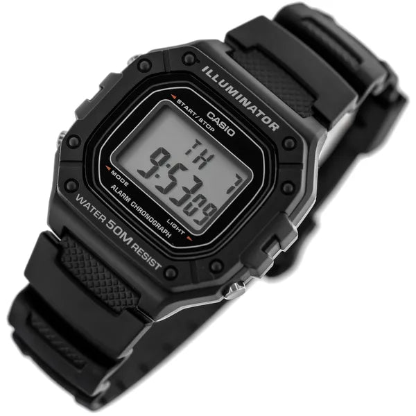 Casio W-218H-1A férfi digitális karóra, WR50, kvarc, LED, fekete, díszdobozzal