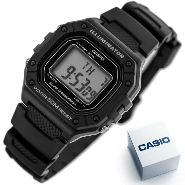 Casio W-218H-1A férfi digitális karóra, WR50, kvarc, LED, fekete, díszdobozzal