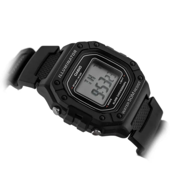 Casio W-218H-1A férfi digitális karóra, WR50, kvarc, LED, fekete, díszdobozzal