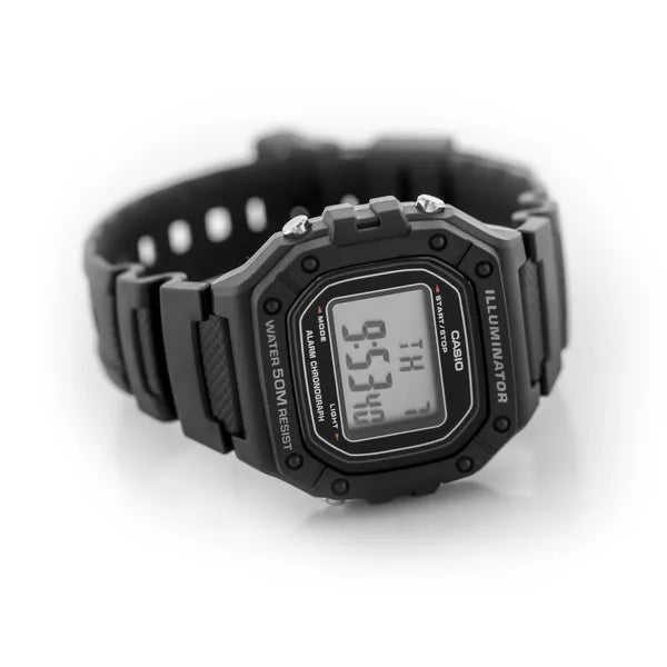 Casio W-218H-1A férfi digitális karóra, WR50, kvarc, LED, fekete, díszdobozzal