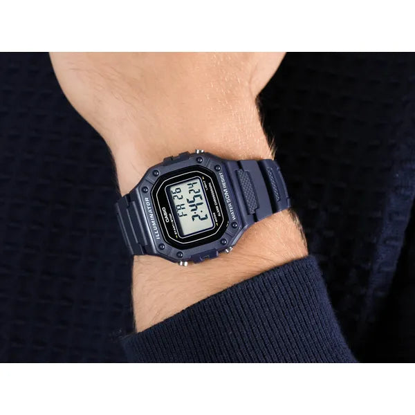 Casio W-218H-2A férfi digitális karóra, sötétkék, WR50, LED, díszdoboz