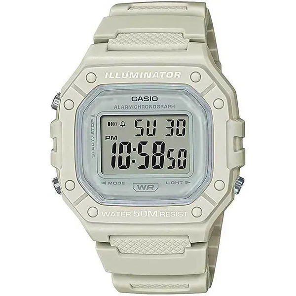 Casio W-218HC-8A uniszex digitális óra, krémszínű szíj, WR50, LED