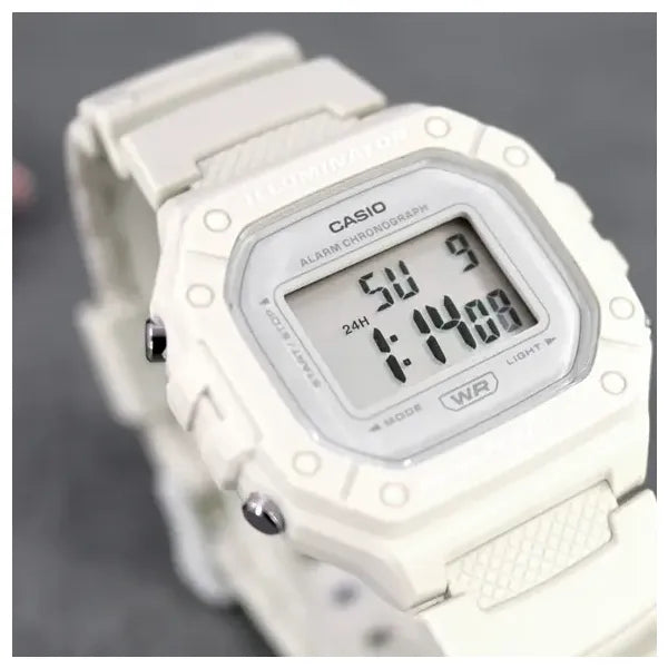 Casio W-218HC-8A uniszex digitális óra, krémszínű szíj, WR50, LED