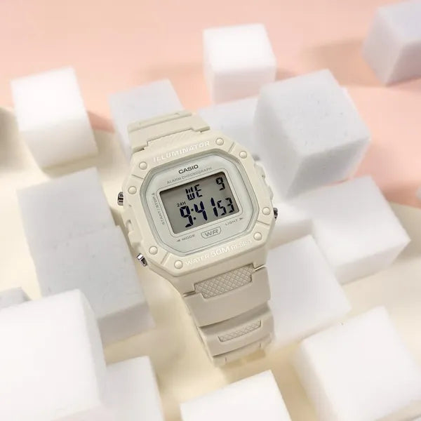 Casio W-218HC-8A uniszex digitális óra, krémszínű szíj, WR50, LED