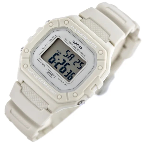 Casio W-218HC-8A uniszex digitális óra, krémszínű szíj, WR50, LED
