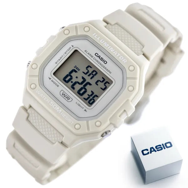Casio W-218HC-8A uniszex digitális óra, krémszínű szíj, WR50, LED
