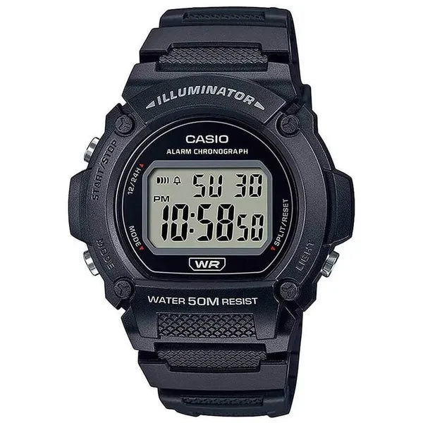 Casio férfi digitális karóra W-219H-1A, fekete, WR50, LED, stopper, riasztó