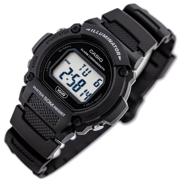 Casio férfi digitális karóra W-219H-1A, fekete, WR50, LED, stopper, riasztó