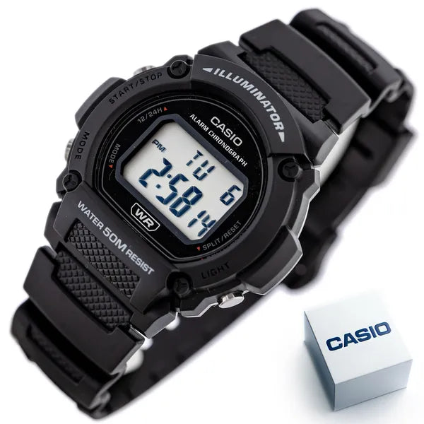 Casio férfi digitális karóra W-219H-1A, fekete, WR50, LED, stopper, riasztó