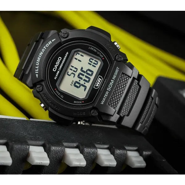 Casio férfi digitális karóra W-219H-1A, fekete, WR50, LED, stopper, riasztó