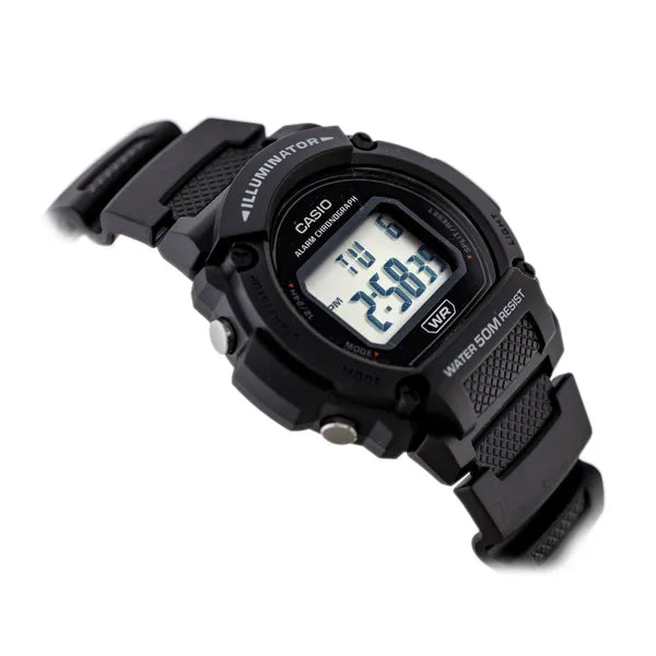 Casio férfi digitális karóra W-219H-1A, fekete, WR50, LED, stopper, riasztó
