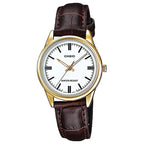 Casio LTP-V005GL-7A női karóra, aranytok, barna bőrszíj, fehér számlap, WR30