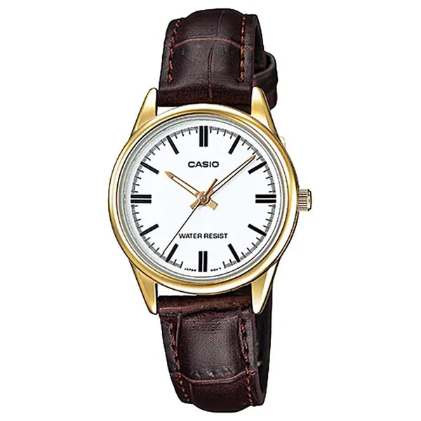 Casio LTP-V005GL-7A női karóra, aranytok, barna bőrszíj, fehér számlap, WR30
