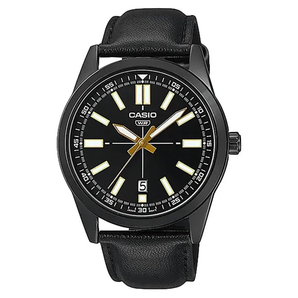 Casio MTP-VD02BL-1E férfi karóra, fekete bőr szíj, dátum, WR30, 41 mm