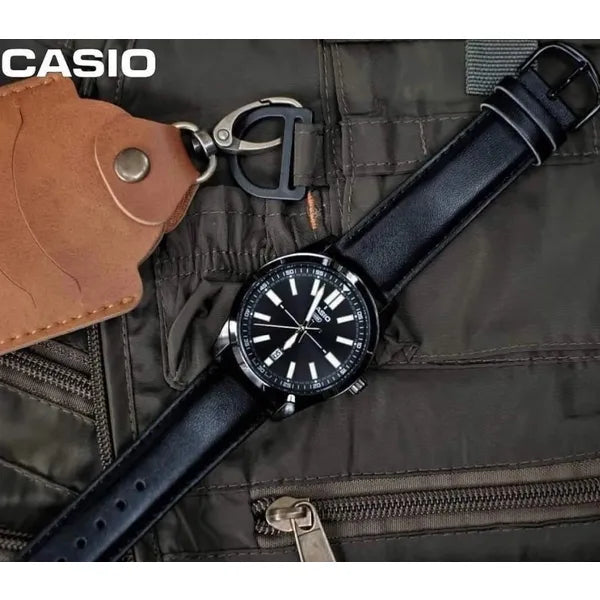 Casio MTP-VD02BL-1E férfi karóra, fekete bőr szíj, dátum, WR30, 41 mm